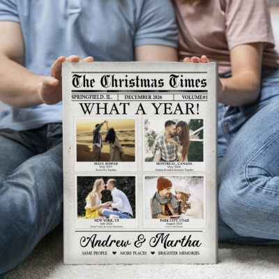 Personalized Couple Christmas Newspaper Canvas, Custom Photo Christmas Gift for Her Him, What A Year 2026 Keepsake, Travel Couple Gift