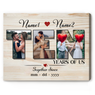 Personalized 10 Year Anniversary Photo Wall Art, Ten Years of Us Canvas Print, 10th Tin Anniversary Gift for Husband Wife