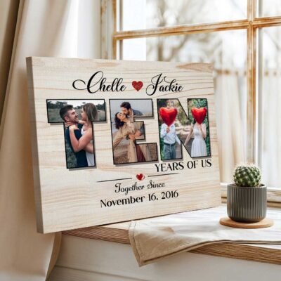 Personalized 10 Year Anniversary Photo Wall Art, Ten Years of Us Canvas Print, 10th Tin Anniversary Gift for Husband Wife