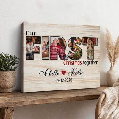Our First Christmas Together Canvas Print, Personalized Couple Photo Collage Wall Art, Christmas Gift for Couple