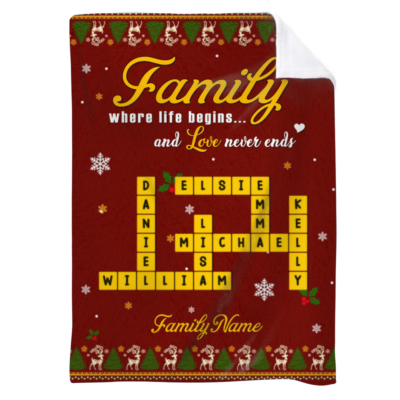 Personalized Family Crossword Fleece Blanket, Custom Family Name Scrabble Blanket, Christmas Gift for Family, Family Holiday Decor