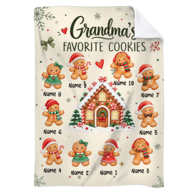 Personalized Grandma's Favorite Cookies Blanket, Custom Gingerbread Blanket with Grandkids Names, Christmas Gift for Grandma
