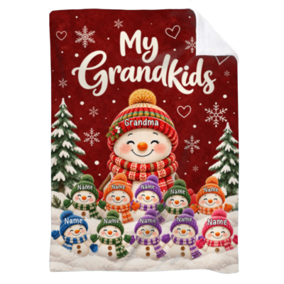 Personalized My Grandkids Christmas Fleece Blanket, Custom Snowman Grandkids Name Throw, Holiday Gift for Grandma Nana
