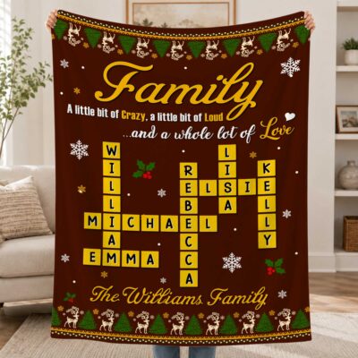 Personalized Family Crossword Fleece Blanket, Custom Family Name Scrabble Blanket, Christmas Gift for Family, Family Holiday Decor