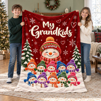 Personalized My Grandkids Christmas Fleece Blanket, Custom Snowman Grandkids Name Throw, Holiday Gift for Grandma Nana