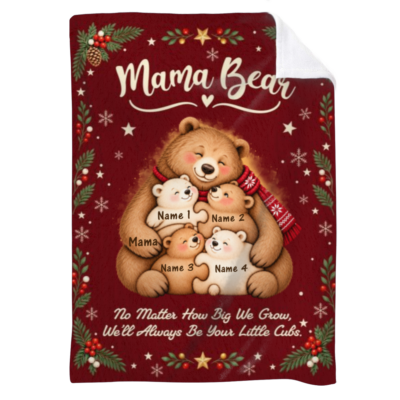 Personalized Mama Bear Christmas Fleece Blanket, Custom Mom Blanket with Kids Names, Holiday Gift for Mom from Kids