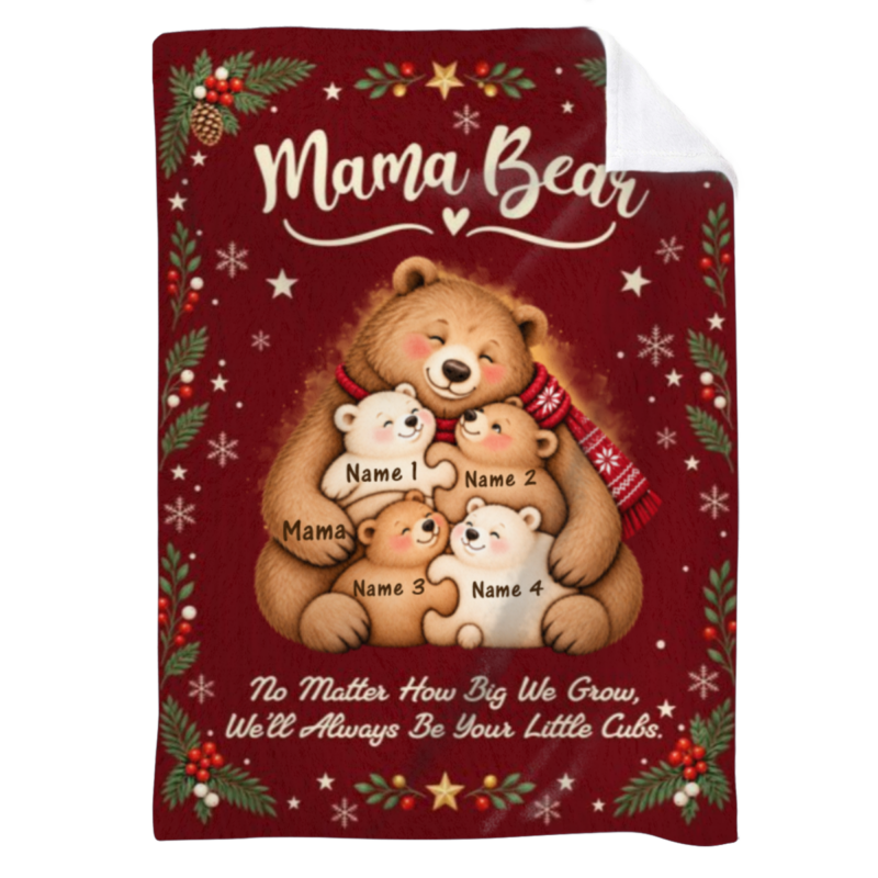 Personalized Mama Bear Christmas Fleece Blanket, Custom Mom Blanket with Kids Names, Holiday Gift for Mom from Kids