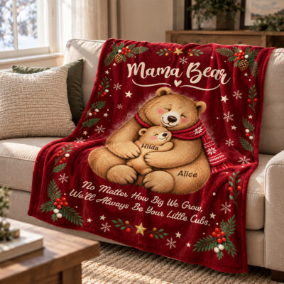 Personalized Mama Bear Christmas Blanket, Custom Kids Names Bear Family Fleece Blanket, Christmas Gift for Mom from Children