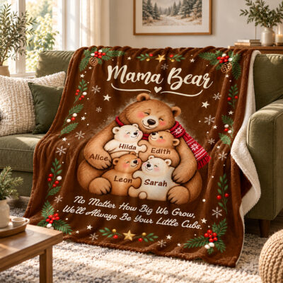 Personalized Mama Bear Christmas Blanket, Custom Kids Names Bear Family Fleece Blanket, Christmas Gift for Mom from Children