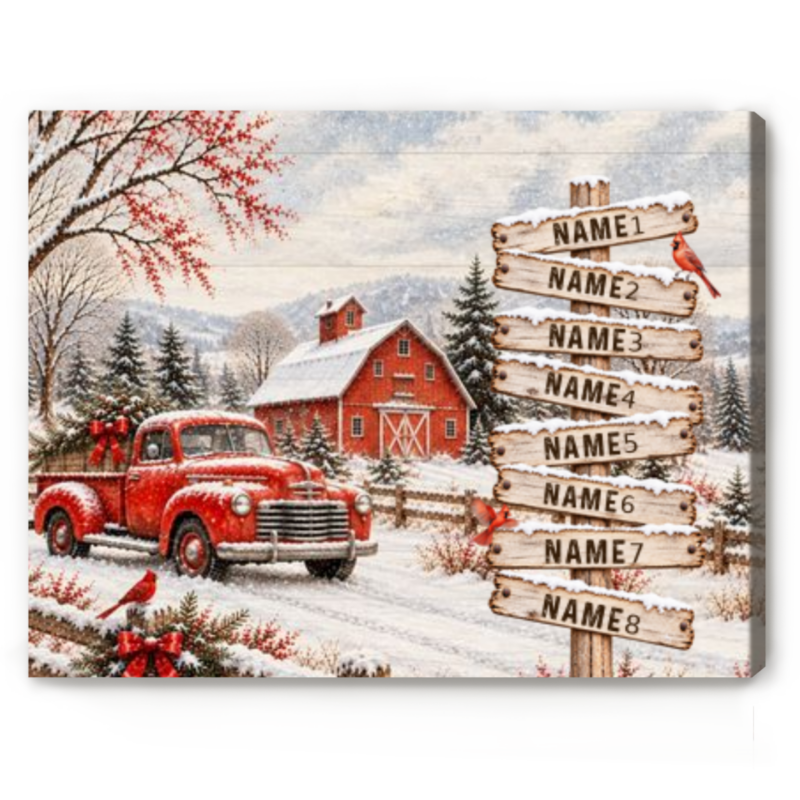 Personalized Vintage Red Truck Family Names Canvas Print, Custom Winter Barn Snow Scene Wall Art, Christmas Gift for Parents Grandparents