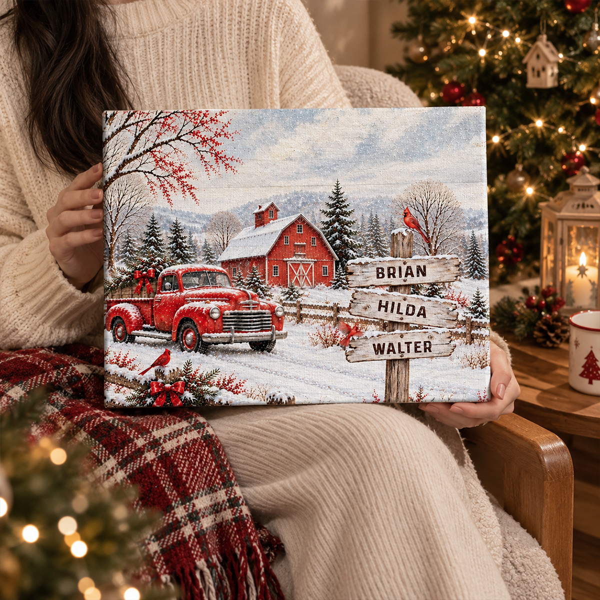Personalized Vintage Red Truck Family Names Canvas Print, Custom Winter Barn Snow Scene Wall Art, Christmas Gift for Parents Grandparents