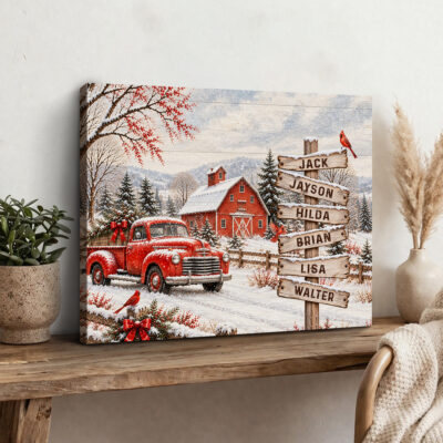Personalized Vintage Red Truck Family Names Canvas Print, Custom Winter Barn Snow Scene Wall Art, Christmas Gift for Parents Grandparents