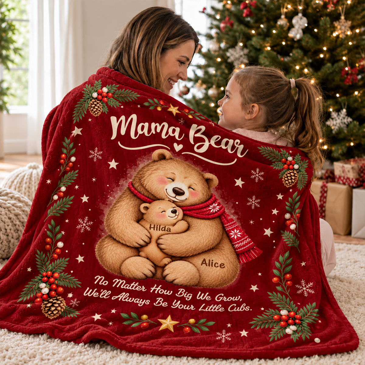 Personalized Mama Bear Christmas Blanket, Custom Kids Names Bear Family Fleece Blanket, Christmas Gift for Mom from Children