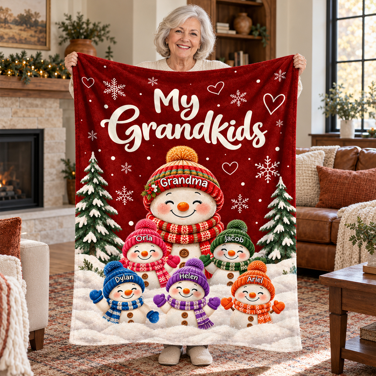 Personalized My Grandkids Christmas Blanket, Custom Snowman Blanket with Grandchildren Names, Christmas Gift for Grandma