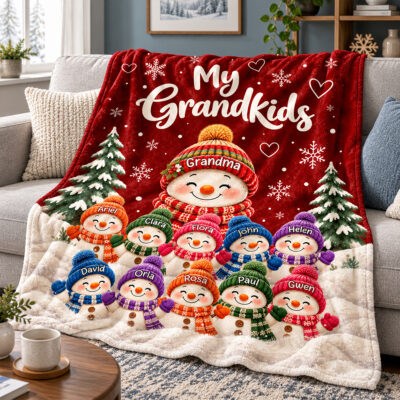 Personalized My Grandkids Christmas Blanket, Custom Snowman Blanket with Grandchildren Names, Christmas Gift for Grandma