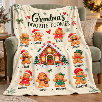 Personalized Grandma's Favorite Cookies Blanket, Custom Gingerbread Blanket with Grandkids Names, Christmas Gift for Grandma