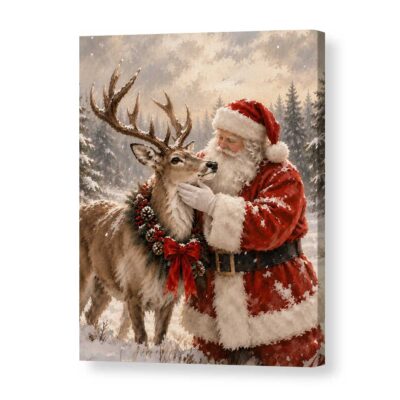Vintage Santa Claus and Reindeer Canvas Print, Winter Forest Holiday Wall Art, Christmas Rustic Farmhouse Home Decor