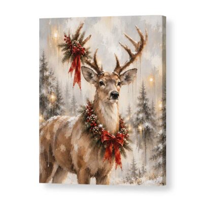 Christmas Reindeer Canvas Print, Vintage Winter Forest Deer Wall Art, Holiday Rustic Farmhouse Living Room Home Decor