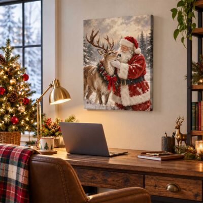 Vintage Santa Claus and Reindeer Canvas Print, Winter Forest Holiday Wall Art, Christmas Rustic Farmhouse Home Decor