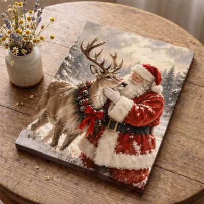 Vintage Santa Claus and Reindeer Canvas Print, Winter Forest Holiday Wall Art, Christmas Rustic Farmhouse Home Decor