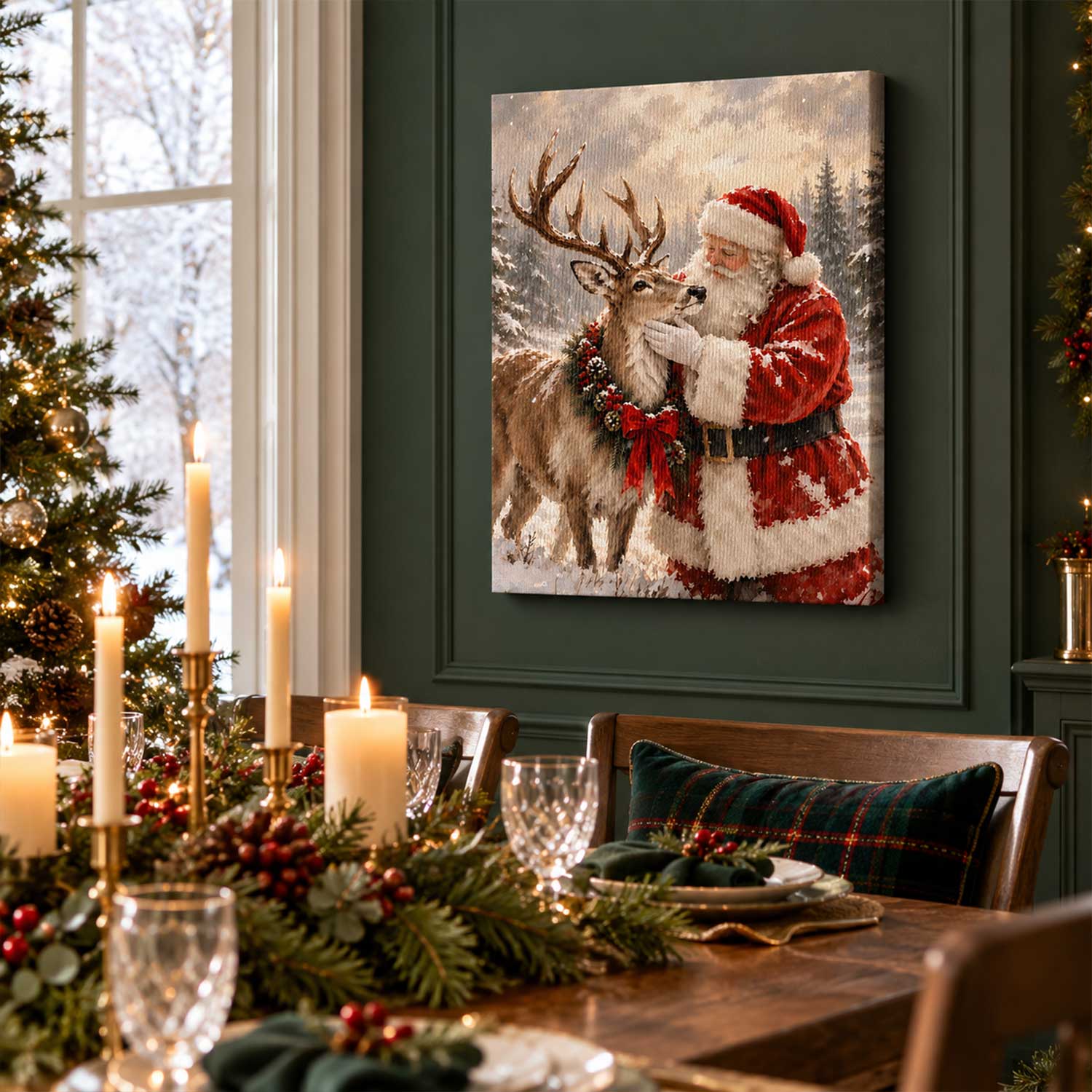 Vintage Santa Claus and Reindeer Canvas Print, Winter Forest Holiday Wall Art, Christmas Rustic Farmhouse Home Decor