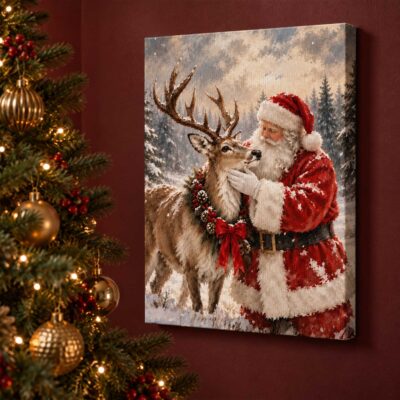 Vintage Santa Claus and Reindeer Canvas Print, Winter Forest Holiday Wall Art, Christmas Rustic Farmhouse Home Decor