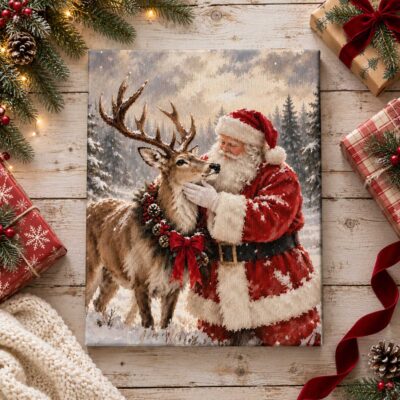Vintage Santa Claus and Reindeer Canvas Print, Winter Forest Holiday Wall Art, Christmas Rustic Farmhouse Home Decor