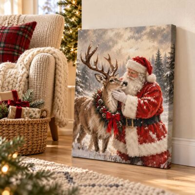 Vintage Santa Claus and Reindeer Canvas Print, Winter Forest Holiday Wall Art, Christmas Rustic Farmhouse Home Decor