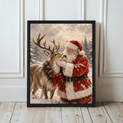 Vintage Santa Claus and Reindeer Canvas Print, Winter Forest Holiday Wall Art, Christmas Rustic Farmhouse Home Decor
