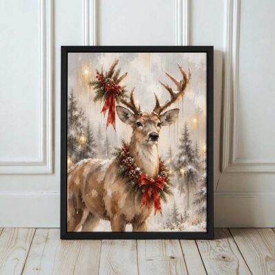Christmas Reindeer Canvas Print, Vintage Winter Forest Deer Wall Art, Holiday Rustic Farmhouse Living Room Home Decor