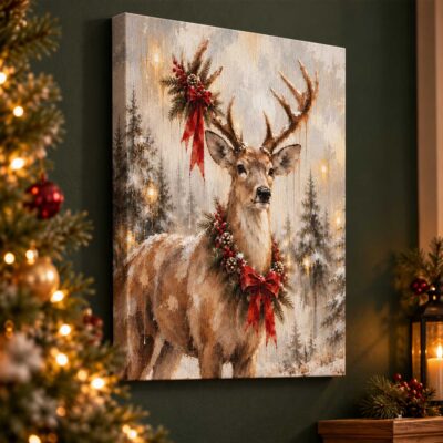 Christmas Reindeer Canvas Print, Vintage Winter Forest Deer Wall Art, Holiday Rustic Farmhouse Living Room Home Decor