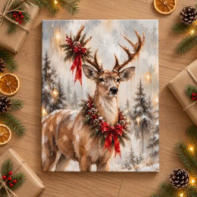 Christmas Reindeer Canvas Print, Vintage Winter Forest Deer Wall Art, Holiday Rustic Farmhouse Living Room Home Decor