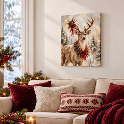 Christmas Reindeer Canvas Print, Vintage Winter Forest Deer Wall Art, Holiday Rustic Farmhouse Living Room Home Decor
