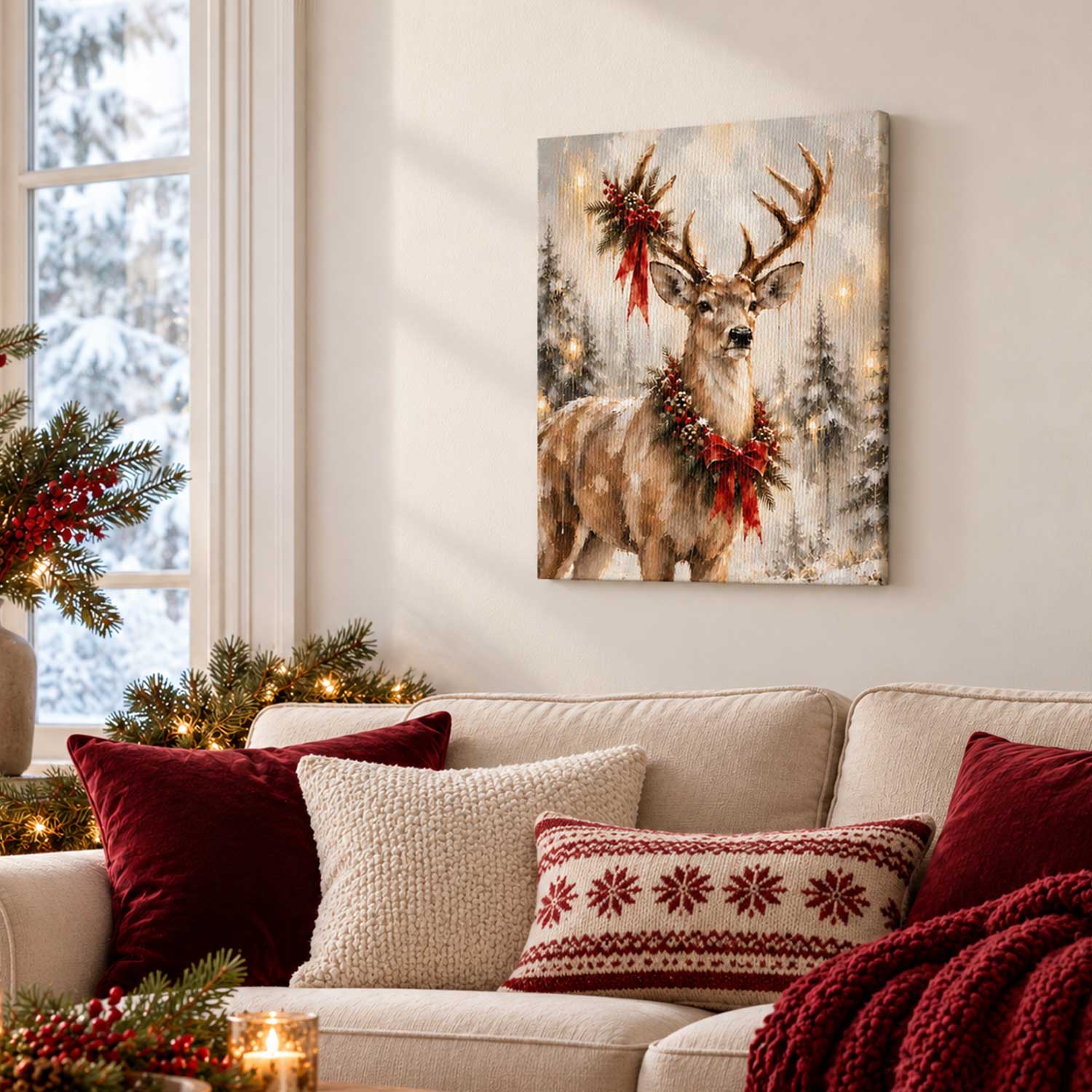 Christmas Reindeer Canvas Print, Vintage Winter Forest Deer Wall Art, Holiday Rustic Farmhouse Living Room Home Decor