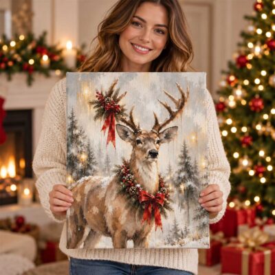 Christmas Reindeer Canvas Print, Vintage Winter Forest Deer Wall Art, Holiday Rustic Farmhouse Living Room Home Decor