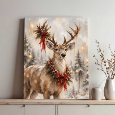 Christmas Reindeer Canvas Print, Vintage Winter Forest Deer Wall Art, Holiday Rustic Farmhouse Living Room Home Decor