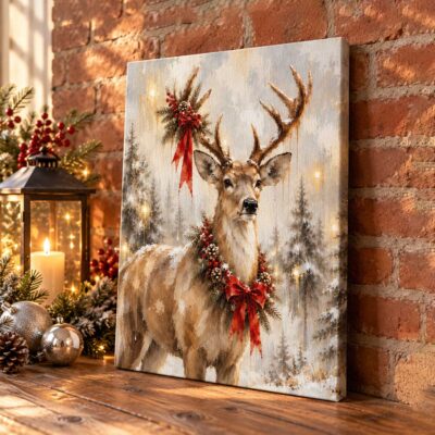 Christmas Reindeer Canvas Print, Vintage Winter Forest Deer Wall Art, Holiday Rustic Farmhouse Living Room Home Decor