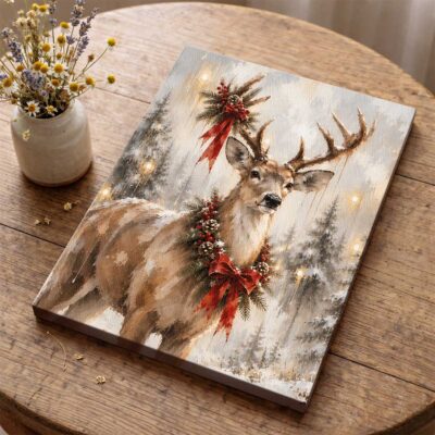 Christmas Reindeer Canvas Print, Vintage Winter Forest Deer Wall Art, Holiday Rustic Farmhouse Living Room Home Decor