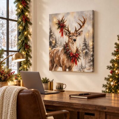 Christmas Reindeer Canvas Print, Vintage Winter Forest Deer Wall Art, Holiday Rustic Farmhouse Living Room Home Decor
