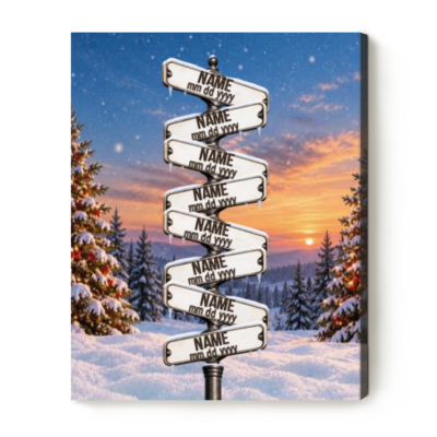 Personalized Winter Sunset Family Names Canvas Print, Custom Snowy Mountain Street Sign Wall Art, Christmas Gift for Parents and Grandparents