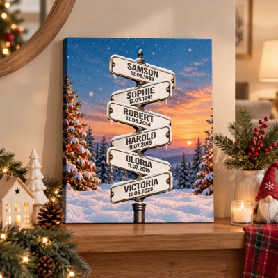 Personalized Winter Sunset Family Names Canvas Print, Custom Snowy Mountain Street Sign Wall Art, Christmas Gift for Parents and Grandparents