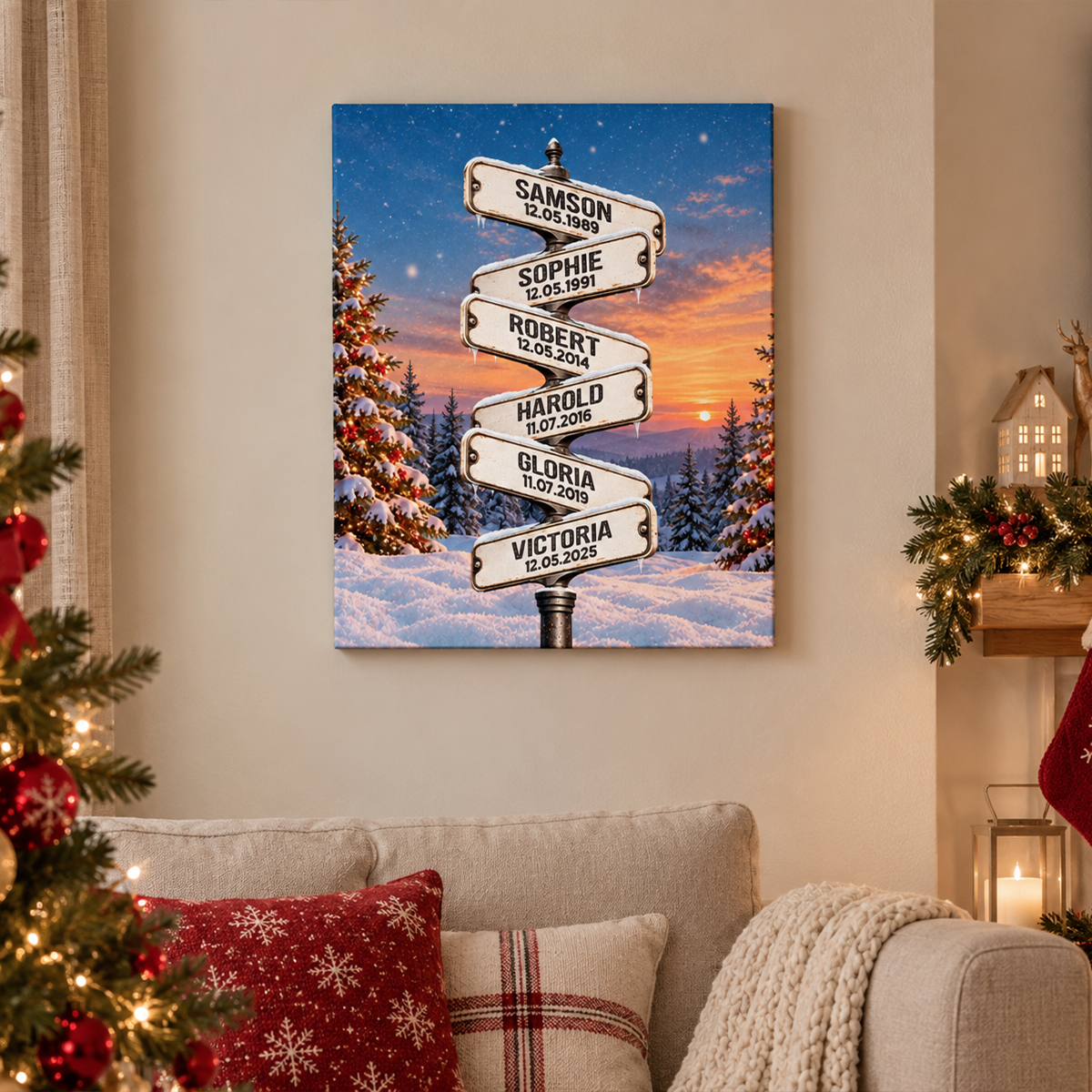 Personalized Winter Sunset Family Names Canvas Print, Custom Snowy Mountain Street Sign Wall Art, Christmas Gift for Parents and Grandparents