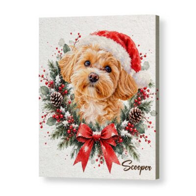 Personalized Dog Santa Hat Canvas Print, Custom Christmas Wreath Pet Wall Art, Holiday Gift for Dog Lovers Owners