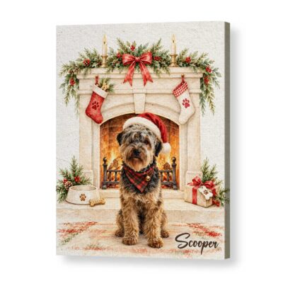Personalized Dog Christmas Fireplace Canvas Print, Custom Holiday Pet Portrait Wall Art, Cozy Rustic Decor Gift for Dog Lovers