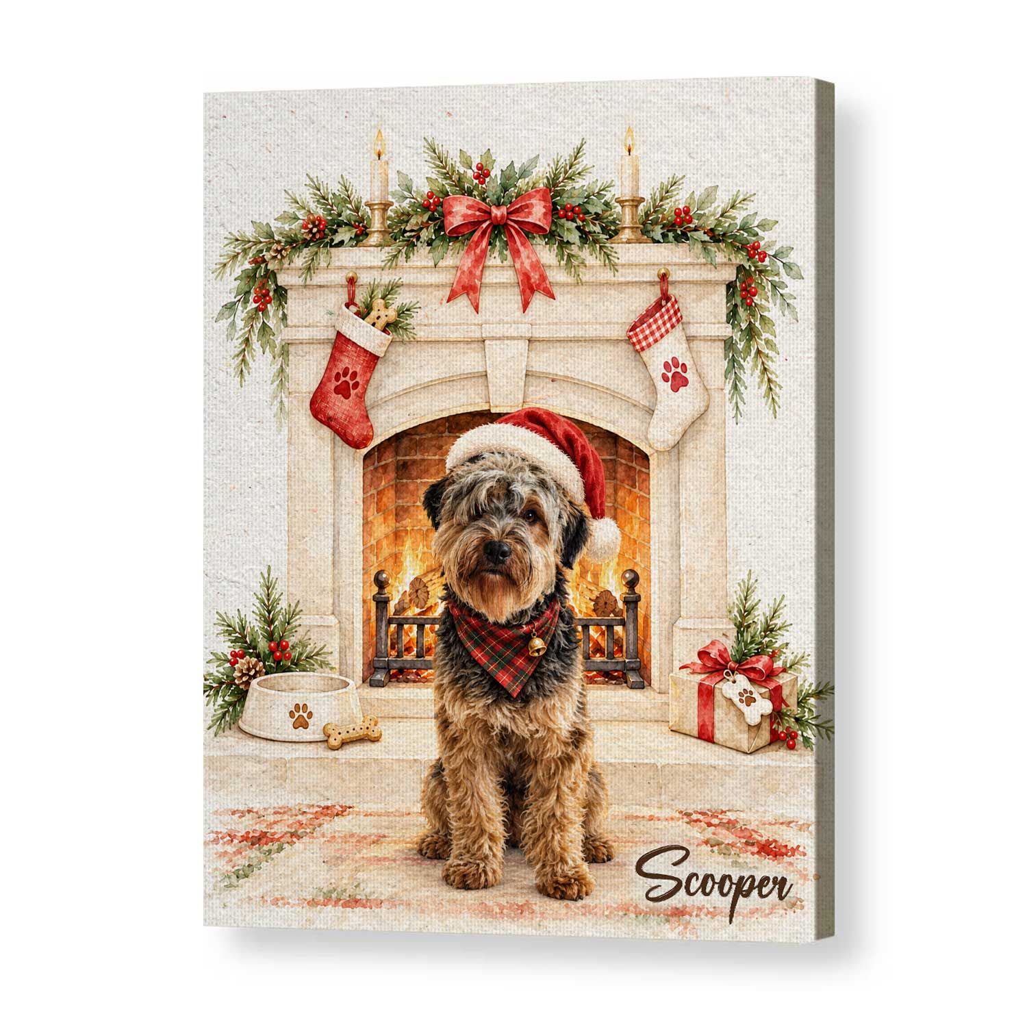 Personalized Dog Christmas Fireplace Canvas Print, Custom Holiday Pet Portrait Wall Art, Cozy Rustic Decor Gift for Dog Lovers 1 Personalized Dog Christmas Fireplace Canvas Print, Custom Holiday Pet Portrait Wall Art, Cozy Rustic Decor Gift for Dog Lovers