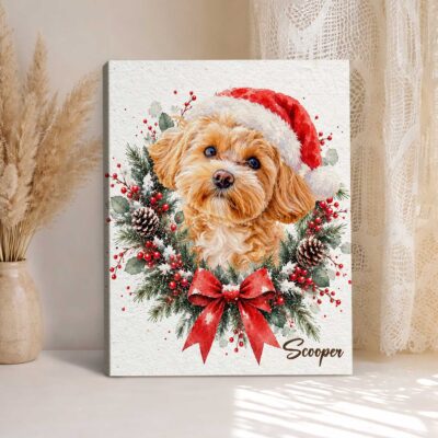 Personalized Dog Santa Hat Canvas Print, Custom Christmas Wreath Pet Wall Art, Holiday Gift for Dog Lovers Owners