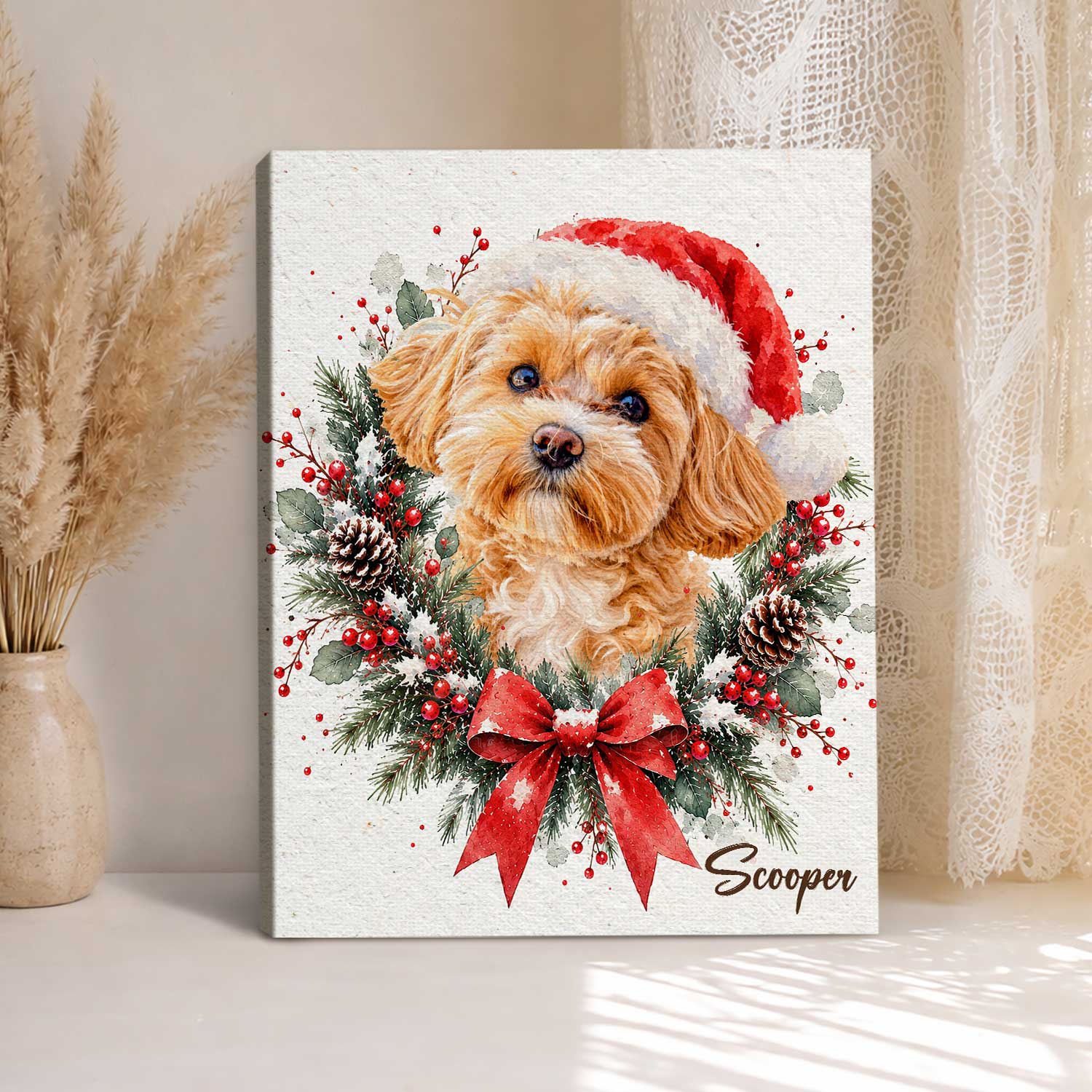 Personalized Dog Santa Hat Canvas Print, Custom Christmas Wreath Pet Wall Art, Holiday Gift for Dog Lovers Owners 2 Personalized Dog Santa Hat Canvas Print, Custom Christmas Wreath Pet Wall Art, Holiday Gift for Dog Lovers Owners