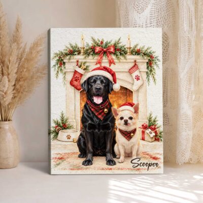 Personalized Dog Christmas Fireplace Canvas Print, Custom Holiday Pet Portrait Wall Art, Cozy Rustic Decor Gift for Dog Lovers