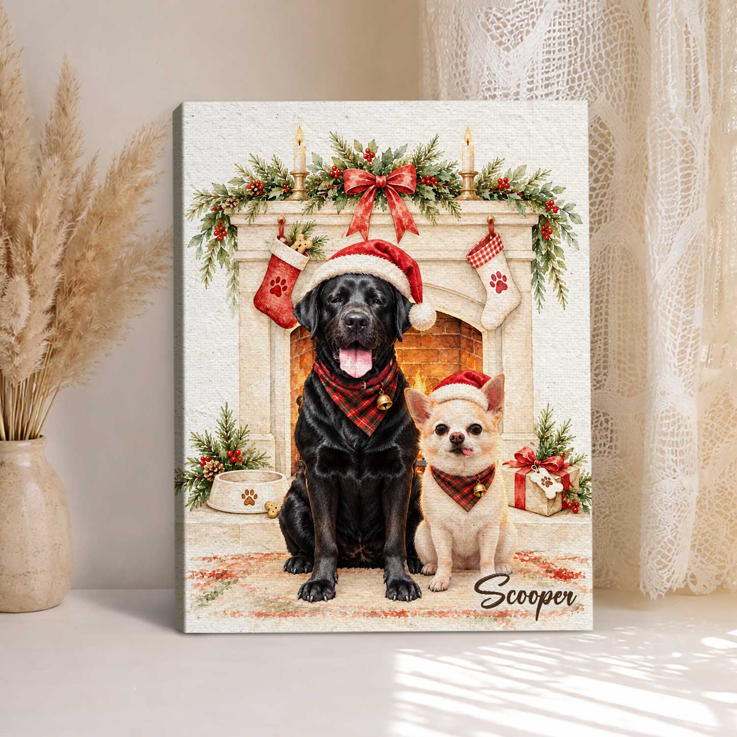 Personalized Dog Christmas Fireplace Canvas Print, Custom Holiday Pet Portrait Wall Art, Cozy Rustic Decor Gift for Dog Lovers 2 Personalized Dog Christmas Fireplace Canvas Print, Custom Holiday Pet Portrait Wall Art, Cozy Rustic Decor Gift for Dog Lovers