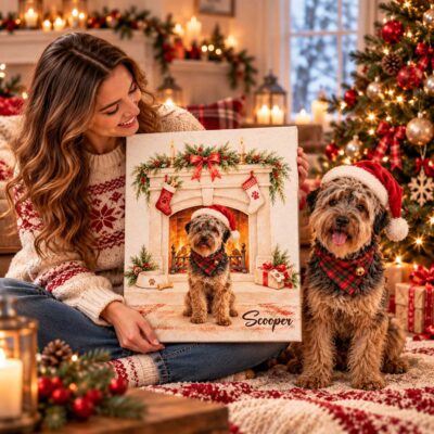 Personalized Dog Christmas Fireplace Canvas Print, Custom Holiday Pet Portrait Wall Art, Cozy Rustic Decor Gift for Dog Lovers 12 Personalized Dog Christmas Fireplace Canvas Print, Custom Holiday Pet Portrait Wall Art, Cozy Rustic Decor Gift for Dog Lovers